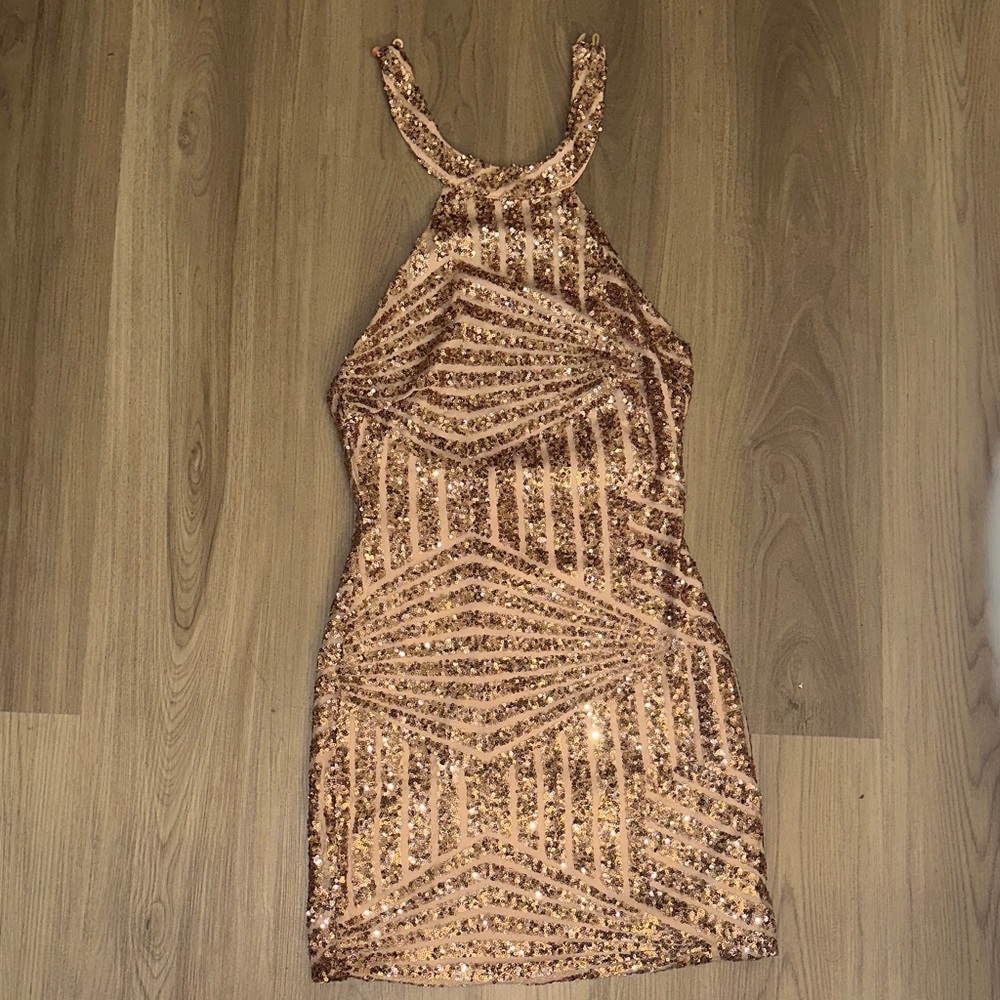 Sequin Halter Dress in Gold
